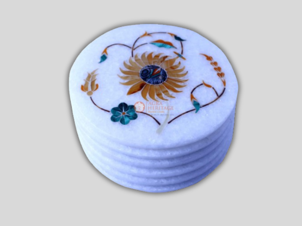 White Marble Coaster Set Hakik Floral Inlay Art Gifts